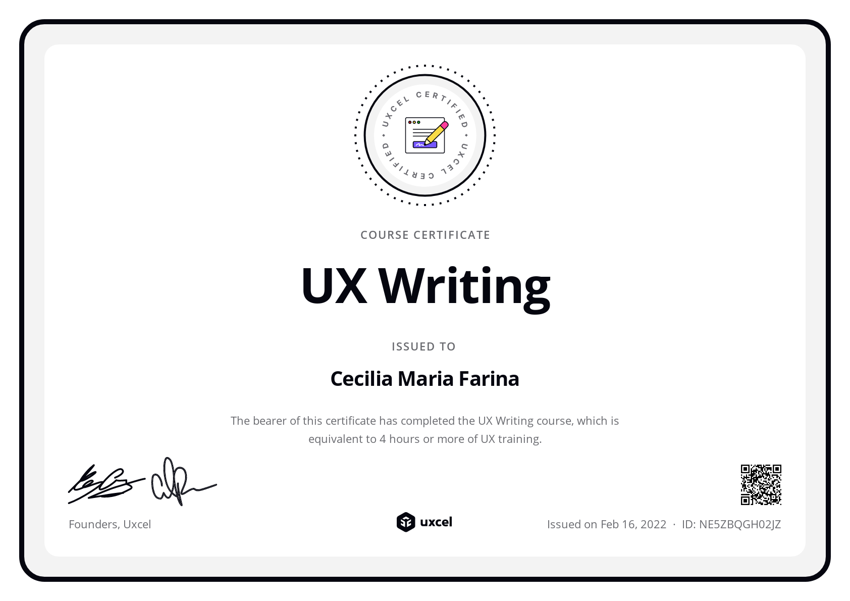 Cecilia Maria Farina's certificate